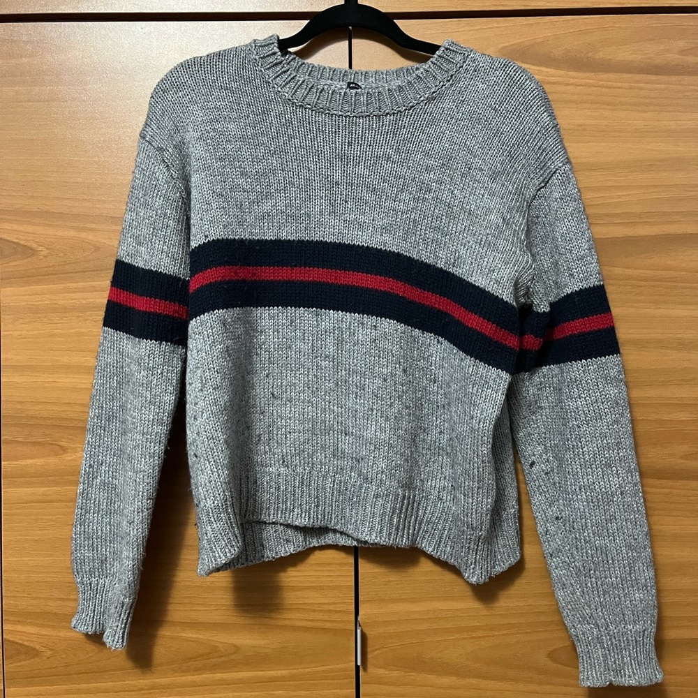 Brandy Melville Grey Knit Sweater with Red and Navy Stripe